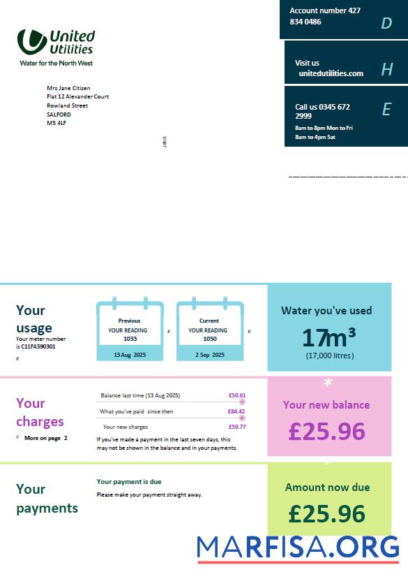Realistic United Kingdom United Utilities utility bill template in Word and PDF formats